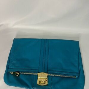 Marc Jacobs Teal Leather Clutch with Gold Accents